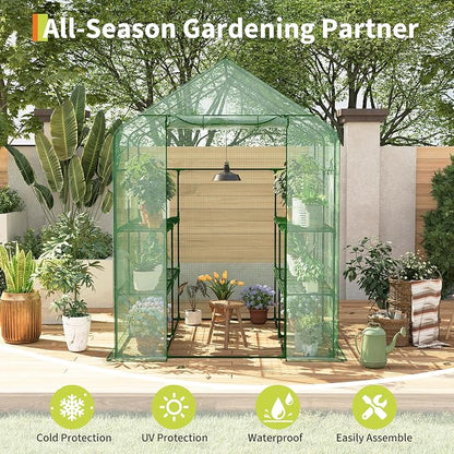 Greenhouse, 57 x 57 x 76'' Greenhouses for Outdoors, Durable Green House Kit with Window, Thicken PE Cover, 3 Tiers 12 Shelves, Portalbe Walk in Green Houses for Indoor Backyard Outside