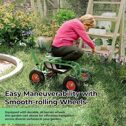 Garden Scooter Rolling Work Seat – 360° Swivel Garden Cart with Wheels, Tool Tray & Steering Handle – Heavy Duty Outdoor Stool for Planting, Weeding & Yard Work