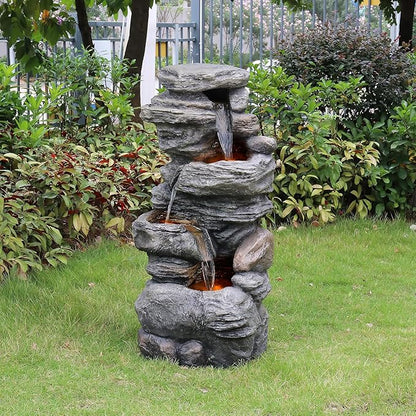 Teamson Home 39.37 in. Outdoor Faux Stacked Stone 4-Tier Water Fountain with LED Lights and Pump, Gray | Faux Stone, Patio Waterfall Feature, LED Lights & Pump, For Yard, Deck, Landscaping