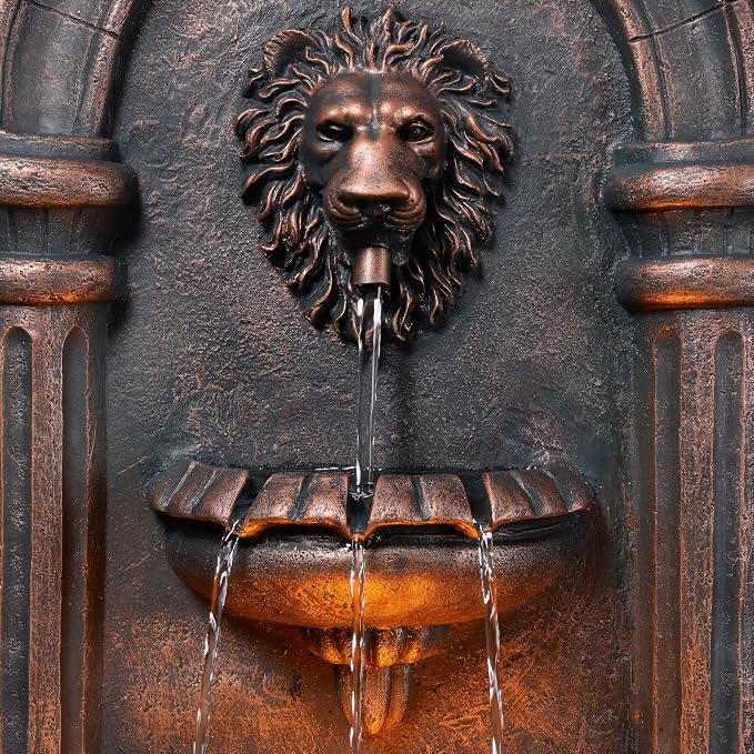 Teamson Home 32.1 in. Wall-Mounted Lion Head Stone LED Outdoor Water Fountain for Gardens, Landscaping, Patios, Balconies, Lawns to Create a Calming Oasis in Outdoor Living Spaces, Antique Bronze | Lion Head, Tiered Water Feature, LED Light, For Garden...