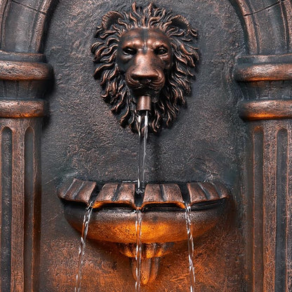 Teamson Home 32.1 in. Wall-Mounted Lion Head Stone LED Outdoor Water Fountain for Gardens, Landscaping, Patios, Balconies, Lawns to Create a Calming Oasis in Outdoor Living Spaces, Antique Bronze | Lion Head, Tiered Water Feature, LED Light, For Garden...