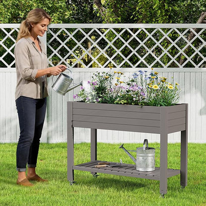 33.7" Tall Raised Garden Bed with Wheels, Divisible Plastic Planter Box with Drainage Gauge & Storage Shelf, Herb Garden Planter for Garden Patio Backyard, Gray (33.7" h)