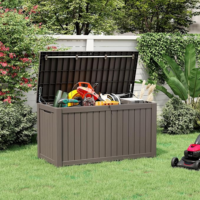 NUNU LAB 151 Gallon Outdoor Storage Box,Resin Large Sturdy Deck Box, Backyard Outside Storage Box Waterproof with Double Wall Panels,Package Delivery Garden Outdoor Hose Storage Bin,Grey