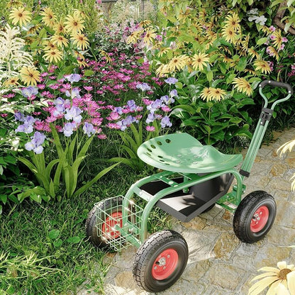 Garden Scooter Rolling Work Seat – 360° Swivel Garden Cart with Wheels, Tool Tray & Steering Handle – Heavy Duty Outdoor Stool for Planting, Weeding & Yard Work