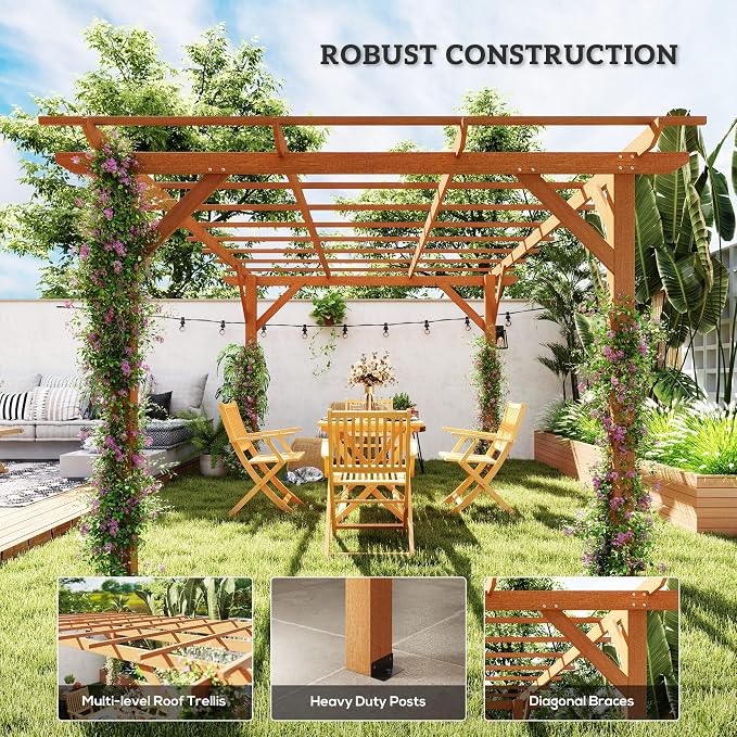 Outsunny 10' x 13' Outdoor Pergola, Wood Gazebo Grape Trellis with Stable Structure and Concrete Anchors for Climbing Plant Support, Garden, Patio, Backyard, Deck, Dark Brown