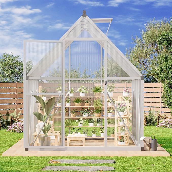CABIHOME 8x12 FT Outdoor Greenhouse, Polycarbonate Greenhouse with Roof Vent and Ground Nails, Aluminum Large Walk-in Green House w/ Lockable Push Door for Outdoor Garden (Silver - 1, 6x7 FT)