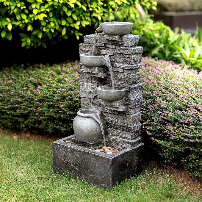 Teamson Home 28.5" Outdoor 4-Tier Stacked Stone Cascading Water Fountain with LED Lights, Gray | LED Lights, Faux Stacked Stone Look, Weather-Resistant Polyresin, Waterfall Decor for Garden, Patio, Backyard