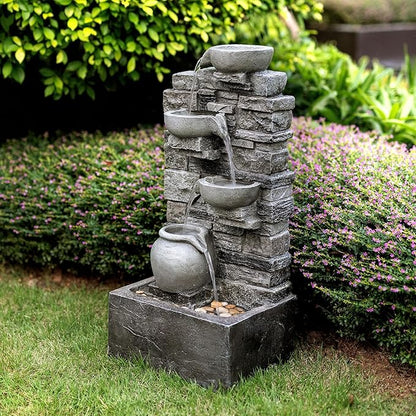 Teamson Home 28.5" Outdoor 4-Tier Stacked Stone Cascading Water Fountain with LED Lights, Gray | LED Lights, Faux Stacked Stone Look, Weather-Resistant Polyresin, Waterfall Decor for Garden, Patio, Backyard