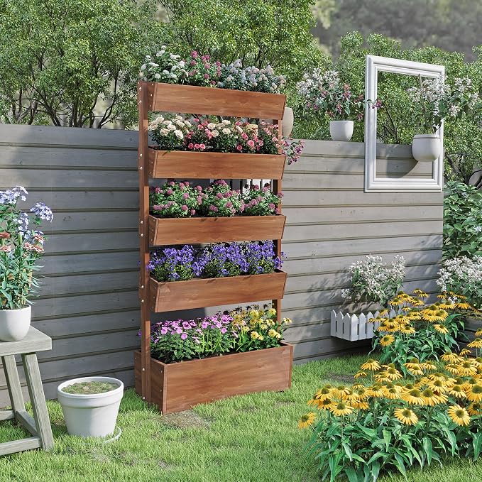 Vertical Raised Garden Bed,5 Tier Wooden Garden Planters,Adjustable Freestanding Plant Stand Flower Rank,Wooden Planters for Outdoor Indoor Balcony Garden,Herb Vegetables Flowers,33x17x66,Brown