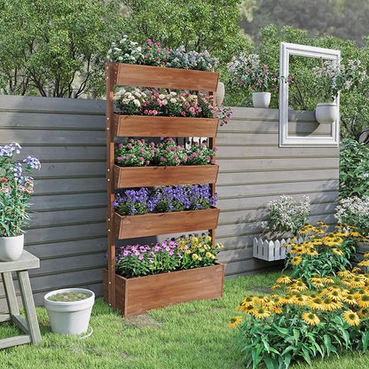 Vertical Raised Garden Bed,5 Tier Wooden Garden Planters,Adjustable Freestanding Plant Stand Flower Rank,Wooden Planters for Outdoor Indoor Balcony Garden,Herb Vegetables Flowers,33x17x66,Brown