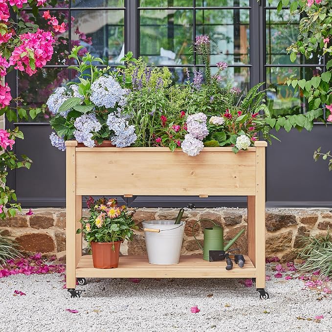 Topeakmart Solid Wooden Raised Garden Bed Vegetable Elevated Planter Kit Grow Gardening Box with Legs Storage Shelf & Wheels, 42x23x33in