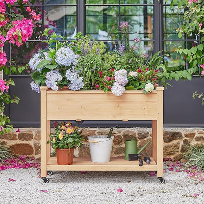 Topeakmart Solid Wooden Raised Garden Bed Vegetable Elevated Planter Kit Grow Gardening Box with Legs Storage Shelf & Wheels, 42x23x33in