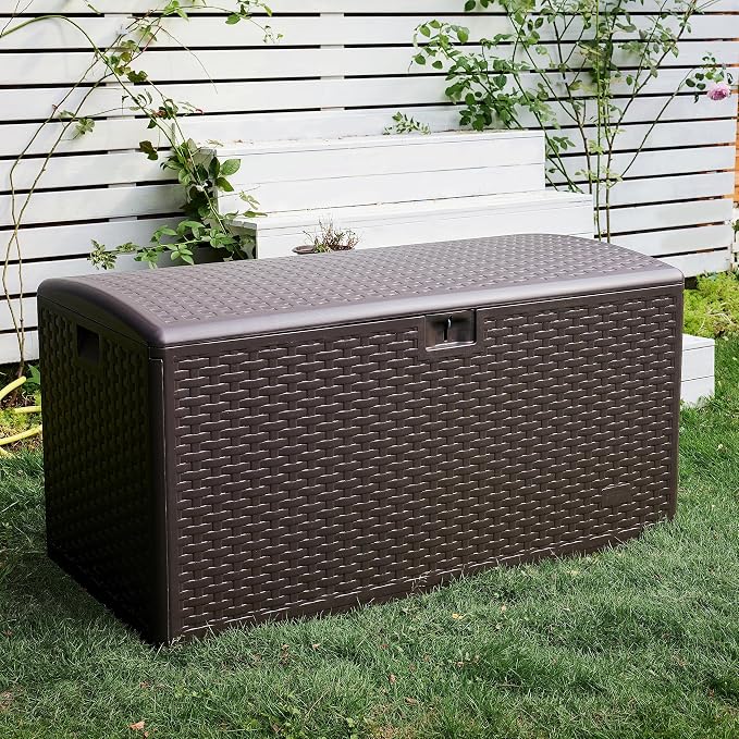 Amazon Basics Outdoor Storage Deck Box, Lockable, Weather-Resistant, 99 Gallon, Brown, for Patio Cushions, Gardening Tools, Pool Accessories