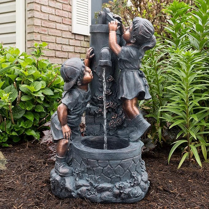 Outdoor Water Fountain with Boy and Girl, Antique Bronze Design and Soothing Sound for Decor on Patio, Lawn and Garden By Pure Garden