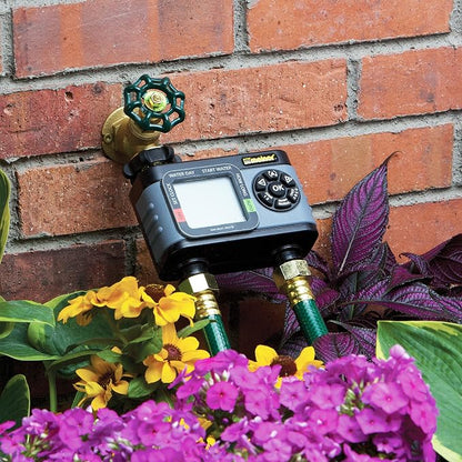 Melnor 65166AMZ HydroLogic Digital Hose Timer, 2-Zone Programmable Watering Timer, Quick Connect Bundle, Black, Grey