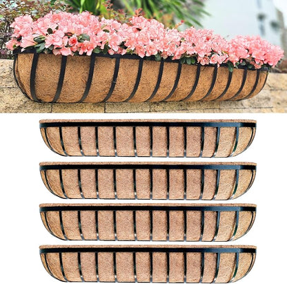LaLaGreen Wall Hanging Planters (48 Inch, 4 Pack) Long Window Flower Box Planter with Coco Liner, Black Metal Rectangular Outdoor Plants Attach to House Horse Trough Fence Balcony Garden Porch Patio
