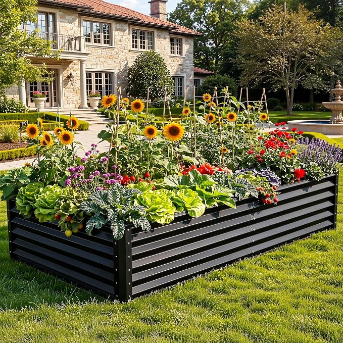 YITAHOME 2pcs 8x4x1.5 ft Galvanized Raised Garden Bed Kit, Large Metal Planter Box with Gloves, Safety Rubber & Support Rod, Outdoor Flower Bed for Plants Vegetables, Black
