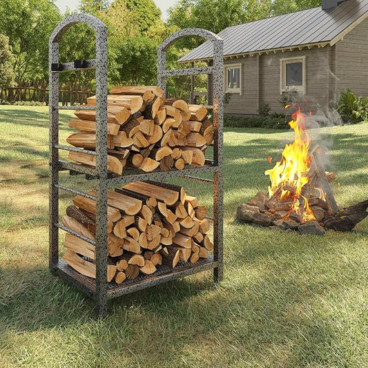 GarveeLife 30 Inch Firewood Rack Outdoor Indoor, High Outdoor Wood Racks for Firewood, Fire Wood Storage with Kindling Hooks, Large Metal Fireplace Log Rack Storage Carrier Organizer, Sliver