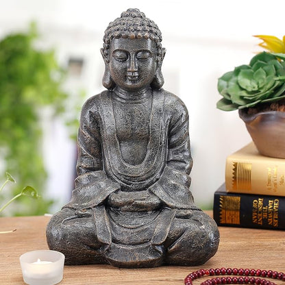 MyGift 11.5 Inch Sitting Buddha Statue, Gray Resin Meditation Figurine for Zen, Yoga, Prayer, Altar, Garden, or Spiritual Home Décor