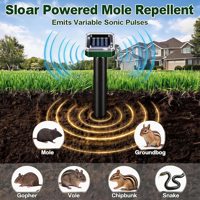 Mole Repellent for Lawns 10 Pack, Solar Powered Mole Repeller Ultrasonic Gopher Repellent, Outdoor Waterproof Vole Vibration Stakes,Sonic Gopher Deterrent Yard for Rodent Groundhog Snake Chipmunk