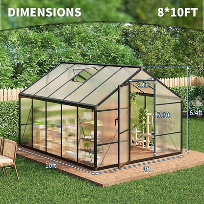 8x10 FT Greenhouse, Greenhouses for Outside, Polycarbonate Greenhouse with Aluminum Frame, Lockable Door and Ajustable Roof Vent for Backyard, Green Houses for Outside Garden Backyard, Patio