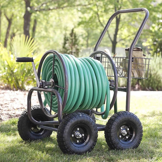 Liberty Garden Residential Grade Four Wheel 250 Foot Capacity Steel Frame Water Hose Reel Cart with Basket for Backyard, Garden, or Home, Brown, Bronze
