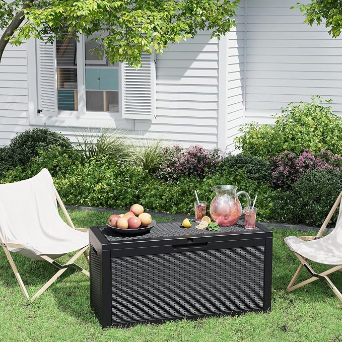Outdoor Storage Box, Resin Deck Boxes Indoor and outdoor, Waterproof Storage Box Lockable Lid (Black, 70 Gallon)