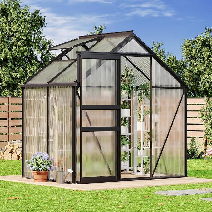 6X8x6 FT Greenhouse for Outdoors,Polycarbonate Walk-in Greenhouse Large Heavy Duty Outdoor Aluminum Green Houses with Sliding Doors Vent Window for Outside Backyard