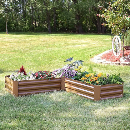 Sunnydaze Galvanized Raised Garden Bed Kit - 5x5x1 ft Outdoor Raised Garden Bed - Metal Planter Box for Vegetables, Flowers, Herbs - Brown - L-Shaped