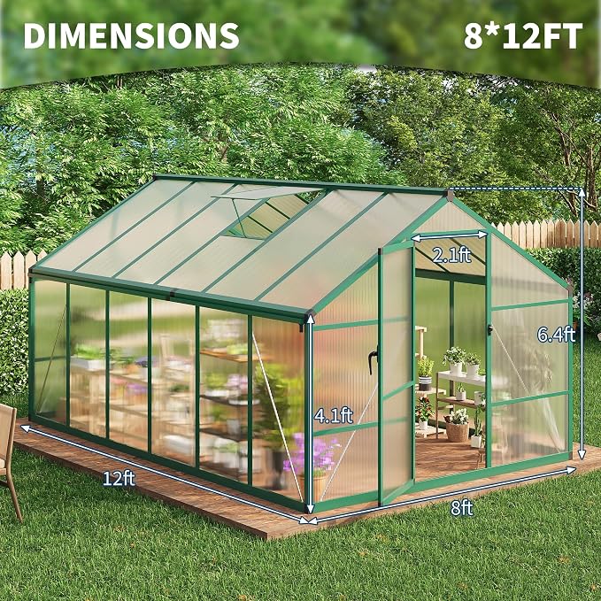 8x12 FT Polycarbonate Greenhouse for Outdoors, Aluminum Frame Green House with Lockable Door, Adjustable Roof Vent and Rain Gutters for Backyard, Garden, Patio