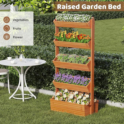 Wooden Raised Garden Bed Vertical Planter Box, Freestanding Plant Stand for Indoor Outdoor Plants, Herbs, Flowers, Vegetables, Gardening (Reddish Brown, 5-Tier，29.9 x 17.9 x 68in)