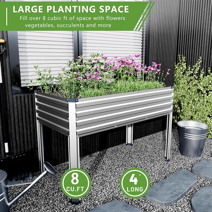 48×24×30in Galvanized Raised Garden Bed,Metal Elevated Planter Box with Legs for Patio,Balcony,Backyard,300lb Capacity,Silver