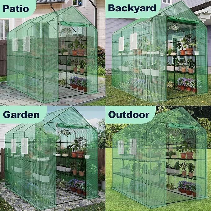 Greenhouse, 57 x 85 x 77'' Greenhouses for Outdoors, with Mesh Side Windows, PE Cover, 8 Shelves, Heavy Duty Walk in Green House for Backyard Garden Indoor, Green