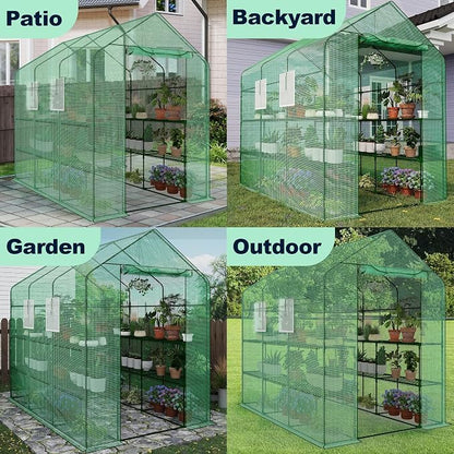 Greenhouse, 57 x 85 x 77'' Greenhouses for Outdoors, with Mesh Side Windows, PE Cover, 8 Shelves, Heavy Duty Walk in Green House for Backyard Garden Indoor, Green