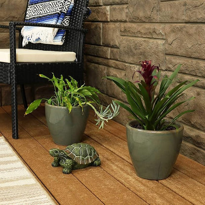 Sunnydaze Resort Round Ceramic Planter - Set of 2 Indoor or Outdoor Plant Pots with Drainage Hole - 8" - Gray Glaze