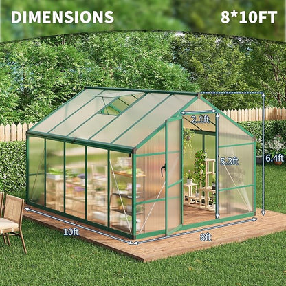 8x10 FT Greenhouse, Greenhouses for Outside, Polycarbonate Greenhouse with Aluminum Frame, Lockable Door and Ajustable Roof Vent for Backyard, Green Houses for Outside Garden Backyard, Patio