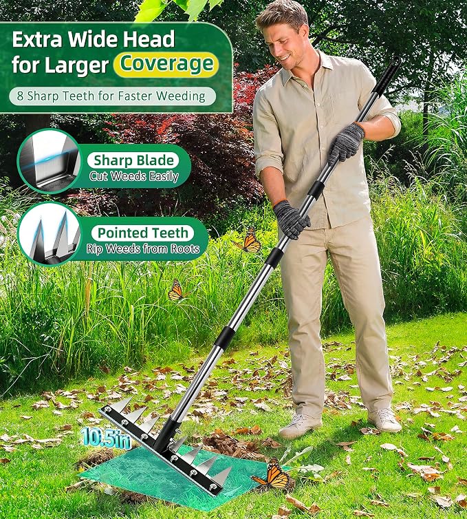 Iron Weed Rake with 71" Adjustable Long Handle, 8 Teeth Manual Weed Remover Tool Heavy Duty Garden Weed Puller with Gloves for Yard, Lawn, Garden | Heavy Duty, 71" Adjustable Long Handle