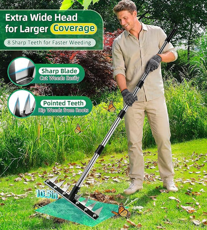 Iron Weed Rake with 71" Adjustable Long Handle, 8 Teeth Manual Weed Remover Tool Heavy Duty Garden Weed Puller with Gloves for Yard, Lawn, Garden | Heavy Duty, 71" Adjustable Long Handle