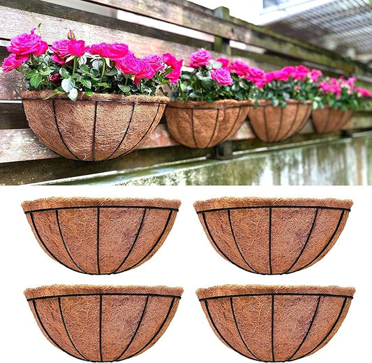 LaLaGreen Large Wall Flower Baskets, 4 Pack, 16 Inch Rail Planter for Outdoor Plants, Metal Wire Plants Holders with Coco Liner Outside Fence Balcony Garden Pots Railings Hanging Deck Porch Decor