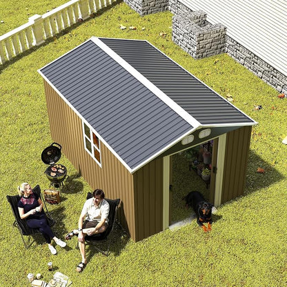 YOPTO 8x12 FT Outdoor Storage Shed, Metal Garden Shed with Window, Lockable Door & Sloped Roof, Large Waterproof Utility Tool Shed for Backyard, Garden, Patio, Lawn, Brown
