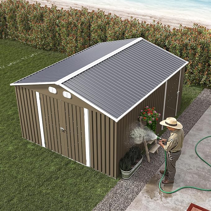 YOPTO 12X10 FT Metal Outdoor Storage Shed W/Flower Pot Stand,Brown | 3 Lockable Doors,Air Vent,Sloped Roof,Reinforced Structure,Waterproof Outdoor Shed for Garden,Patio,Backyard,Lawn