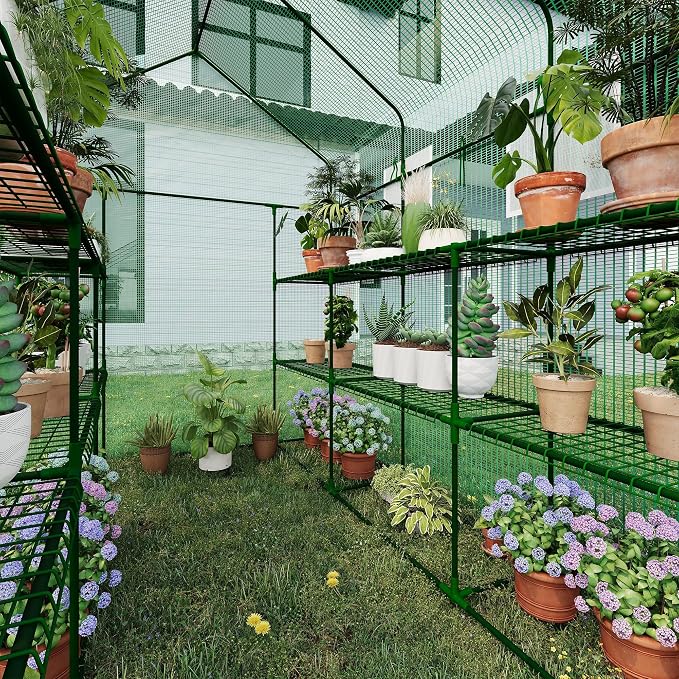 Greenhouse, 57 x 85 x 77'' Greenhouses for Outdoors, with Mesh Side Windows, PE Cover, 8 Shelves, Heavy Duty Walk in Green House for Backyard Garden Indoor, Green