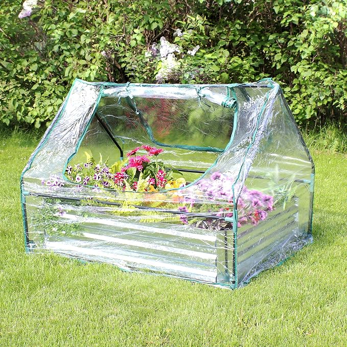 Sunnydaze Steel Raised Garden Bed with Mini Greenhouse - Outdoor Greenhouse Kit - 2 Zippered Doors - Clear - 4' x 3'