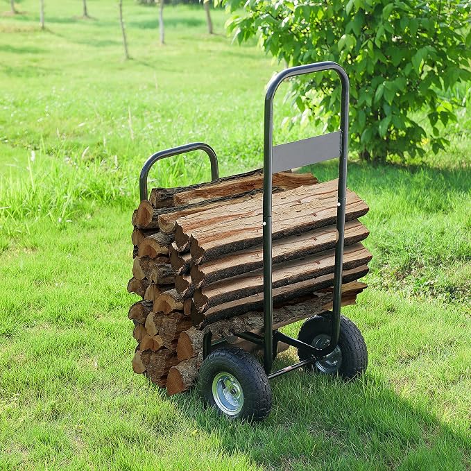 Firewood Carrier – Rolling Storage Cart for Logs with 2 Wheels and Heavy-Duty Steel Frame – Wood Rack and Log Hauler (Black)