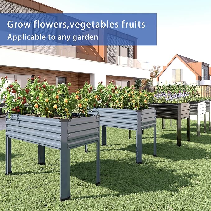 DIIYIV 2PCS Galvanized Raised Garden Bed with Legs,2PCS 48×18×30in Elevated Planter Box for Backyard,Outdoor Garden, Patio, Balcony, 300lb Capacity,Silver