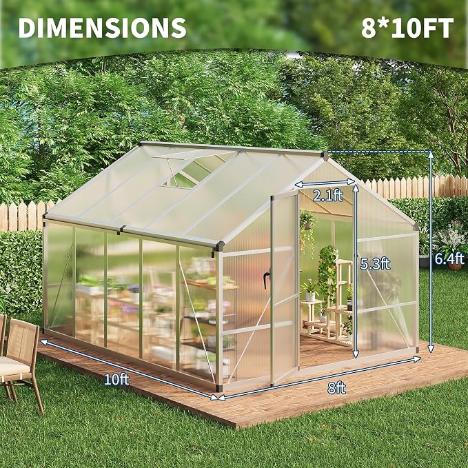 Garvee 8x12ft Walk-in Greenhouse, Heavy Duty Large Outdoor Green House | Polycarbonate Garden Greenhouse with Roof Vent, Lockable Outward-Opening Swing Door & Aluminium Frame for Backyard, Sliver