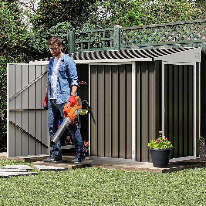 DWVO 7' x 4' Outdoor Storage Shed, Large Metal Tool Sheds, Heavy Duty Storage House with 3 Lockable Doors & Air Vent for Backyard Patio Lawn to Store Bikes, Tools, Lawnmowers, Dark Gray