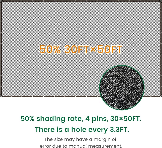 Shade Cloth, 30FT X 50FT 50% Black Outdoor Woven Sun Shade with Grommets, Durable Breathable Netting Shading Antifreezing for Patio, Garden, DIY Home, Plants Cover, Greenhouse, Dog Kennel
