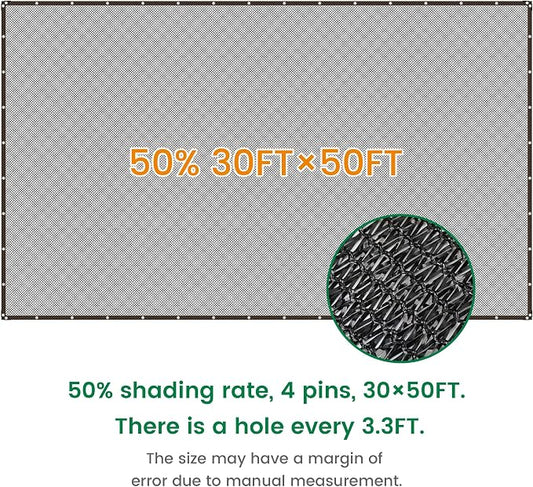 Shade Cloth, 30FT X 50FT 50% Black Outdoor Woven Sun Shade with Grommets, Durable Breathable Netting Shading Antifreezing for Patio, Garden, DIY Home, Plants Cover, Greenhouse, Dog Kennel