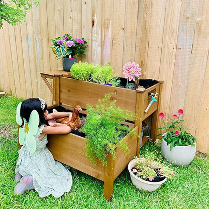 ketive 2-Tier Raised Garden Bed with Legs Outdoor Elevated Garden Box,Storage Shelf,Protective Liner for Backyard,Patio,Balcony,55x42x30in (Brown)